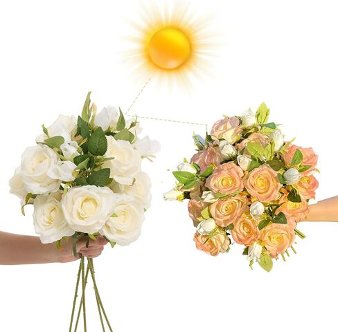 Solar-Chameleon Silk Roses Bouquet - 5 Stem 26" Sunlight Color Changing Roses Artificial Flowers,Fake Roses Long Stem for Arrangement Wedding Centerpiece Home Office Party Decor (White-Orange) in Kuwait