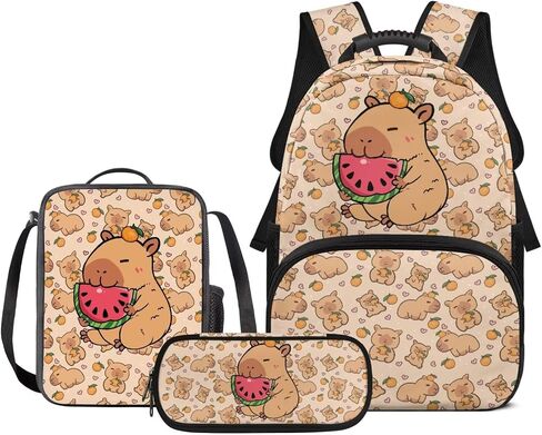 Cute Capybara School Backpack for Girls 3pcs Kawaii Watermelon Girls Backpack with Lunch Box Pencil Case Set for Kids Teens Elementary Middle School Bookbag in Saudi Arabia