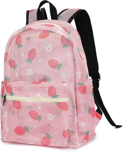 Strawberry Mesh Backpack for Girls Women, Semi-Transparent Kids School Backpack College Bookbag for Beach Gym Travel in Kuwait