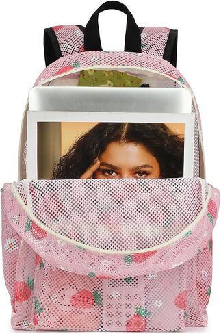 Strawberry Mesh Backpack for Girls Women, Semi-Transparent Kids School Backpack College Bookbag for Beach Gym Travel in Kuwait