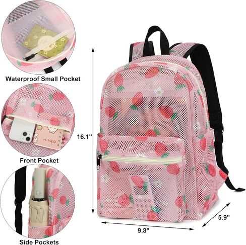 Strawberry Mesh Backpack for Girls Women, Semi-Transparent Kids School Backpack College Bookbag for Beach Gym Travel in Kuwait