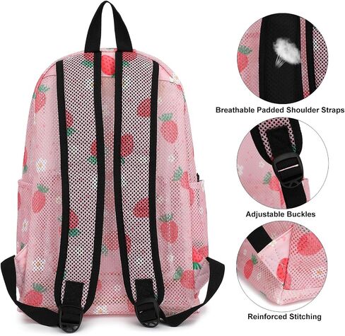 Strawberry Mesh Backpack for Girls Women, Semi-Transparent Kids School Backpack College Bookbag for Beach Gym Travel in Kuwait