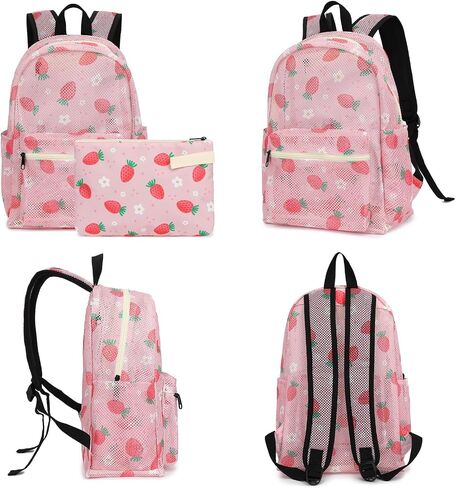 Strawberry Mesh Backpack for Girls Women, Semi-Transparent Kids School Backpack College Bookbag for Beach Gym Travel in Kuwait