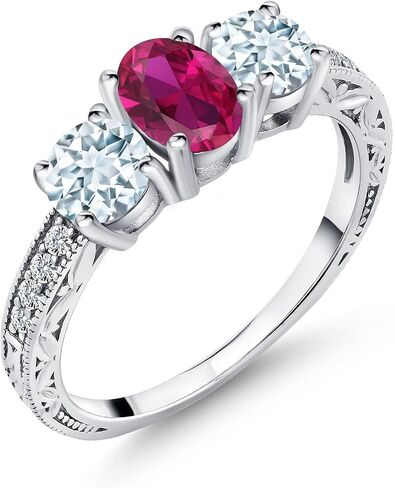 Gem Stone King 2.12 Cttw Red Created Ruby and Sky Blue Aquamarine Ring For women | 925 Sterling Silver | Oval 7X5MM and Round 5MM | Available In Size 5, 6, 7, 8, 9 in Saudi Arabia