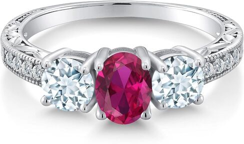 Gem Stone King 2.12 Cttw Red Created Ruby and Sky Blue Aquamarine Ring For women | 925 Sterling Silver | Oval 7X5MM and Round 5MM | Available In Size 5, 6, 7, 8, 9 in Saudi Arabia