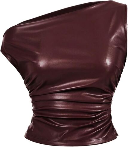 Women's Off Shoulder PU Leather Tank Top Sleeveless Slim Fit Crop Tops Elegant Y2K Clubwear in Saudi Arabia