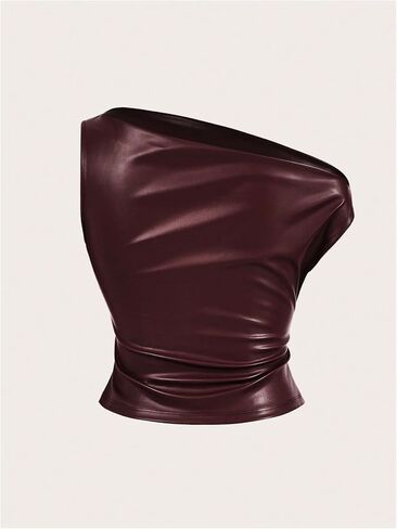 Women's Off Shoulder PU Leather Tank Top Sleeveless Slim Fit Crop Tops Elegant Y2K Clubwear in Saudi Arabia