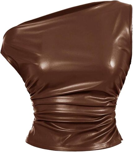 Women's Off Shoulder PU Leather Tank Top Sleeveless Slim Fit Crop Tops Elegant Y2K Clubwear in Saudi Arabia