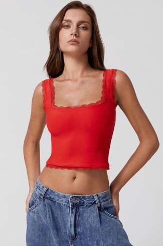 Qinsen Womens Square Neck Lace Lace Tops Double Clined Slim Fit Summer Out y2k t tirts in Saudi Arabia