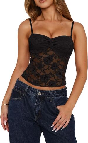 Meihuida Women Lace Top Y2K الخروج الشبكة العصرية المثيرة انظر من خلال قمم دبابات كامي in Saudi Arabia
