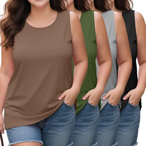 4 Pack Women's Cotton Plus Size Tank Tops, Scoop Neck Sleeveless Shirts Casual Summer Ladies Basic T-Shirts Tee in Saudi Arabia
