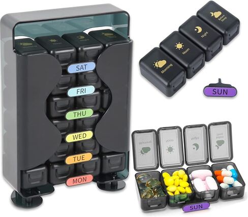 Weekly Pill Organizer 7 Day 4 Times a Day， Large Pill Box Organizer with Drawer Designed， Daily Pill Organizer to Hold Medicine, Medication, Vitamins and Fish Oils (Black) in Kuwait