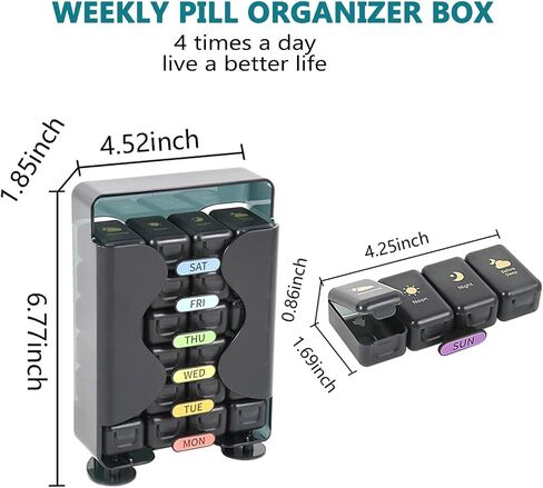 Weekly Pill Organizer 7 Day 4 Times a Day， Large Pill Box Organizer with Drawer Designed， Daily Pill Organizer to Hold Medicine, Medication, Vitamins and Fish Oils (Black) in Kuwait
