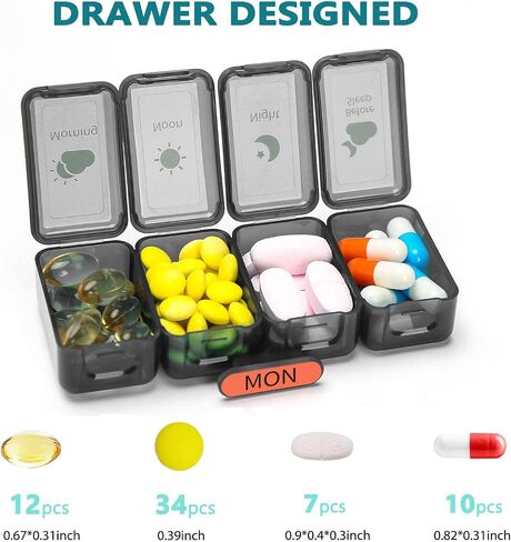 Weekly Pill Organizer 7 Day 4 Times a Day， Large Pill Box Organizer with Drawer Designed， Daily Pill Organizer to Hold Medicine, Medication, Vitamins and Fish Oils (Black) in Kuwait