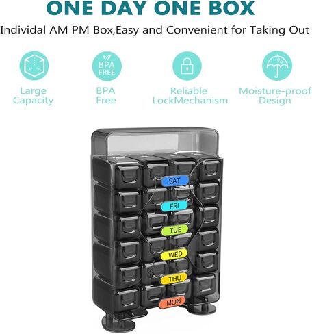 Weekly Pill Organizer 7 Day 4 Times a Day， Large Pill Box Organizer with Drawer Designed， Daily Pill Organizer to Hold Medicine, Medication, Vitamins and Fish Oils (Black) in Kuwait