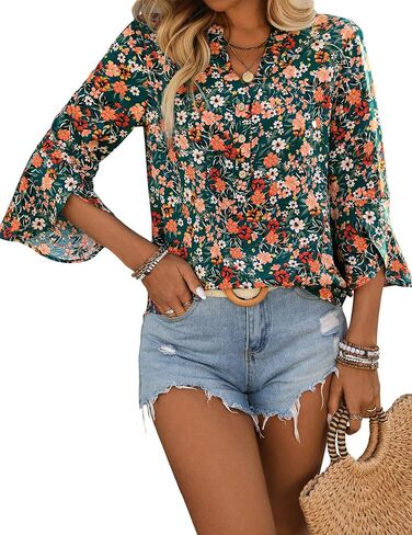 Womens 3/4 Sleeve Tops Dressy Casual Button V-Neck 2025 Fall Trendy Ruffle Blouses Bell Sleeve Business Shirts in Kuwait