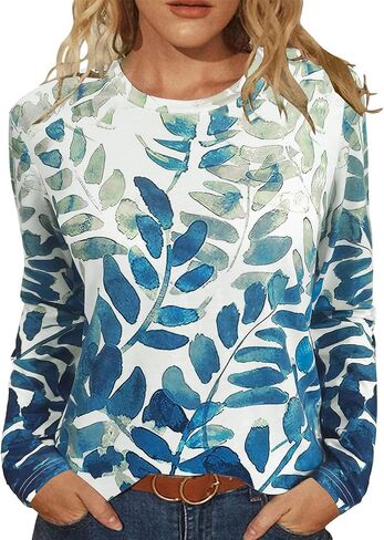 JomeDesign Womens Tops Long Sleeve Shirts Round Neck Loose Casual Blouses Floral Print Tshirts in Kuwait