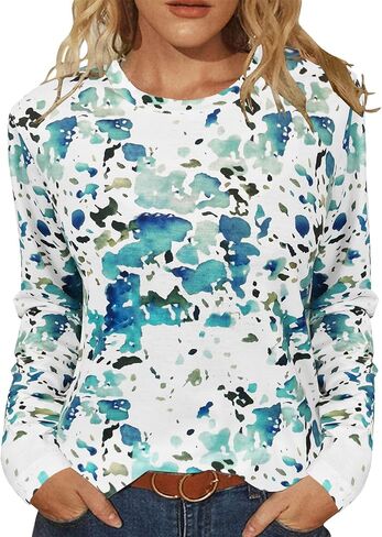 JomeDesign Womens Tops Long Sleeve Shirts Round Neck Loose Casual Blouses Floral Print Tshirts in Kuwait