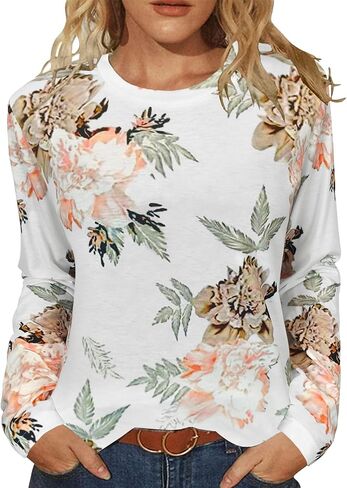 JomeDesign Womens Tops Long Sleeve Shirts Round Neck Loose Casual Blouses Floral Print Tshirts in Kuwait