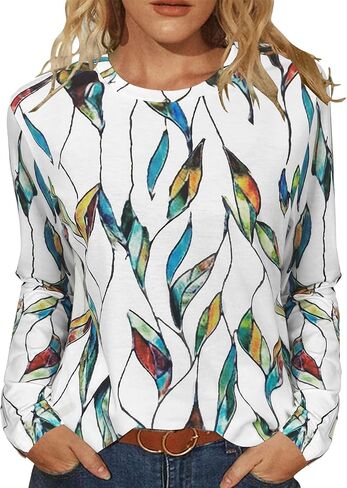 JomeDesign Womens Tops Long Sleeve Shirts Round Neck Loose Casual Blouses Floral Print Tshirts in Kuwait