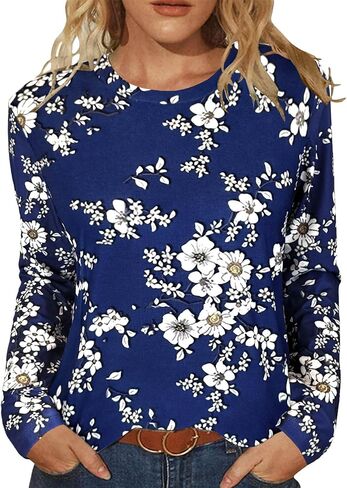 JomeDesign Womens Tops Long Sleeve Shirts Round Neck Loose Casual Blouses Floral Print Tshirts in Kuwait