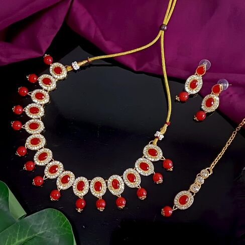 Efulgenz Crystal Indian Jewelry Choker Kundan Crystal Faux Pearl Necklace Earrings Maang Tikka Head Chain Bollywood Wedding Bridal Set for Women in Saudi Arabia