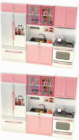 PowerTRC Doll Kitchen Play Set, Mini Modern Toy Pink Kitchen Pretend Play Furnitures Toy Set Accessories Set with Realistic Light & Sound for Kids Toddlers Girls (3-in-1) in Kuwait