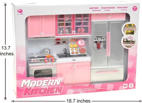 PowerTRC Doll Kitchen Play Set, Mini Modern Toy Pink Kitchen Pretend Play Furnitures Toy Set Accessories Set with Realistic Light & Sound for Kids Toddlers Girls (3-in-1) in Kuwait