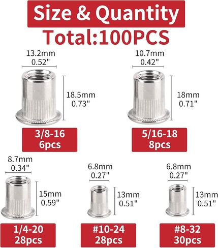 100pcs Rivet Nut Assortment Kit - M3 M4 M5 M6 M8 Durable Carbon Steel, Rust-Resistant, Multi-Size Inserts for Automotive, Furniture, and More in Saudi Arabia
