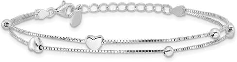 925 Sterling Silver Rhodium-Plated 1"" ext. Two Strand Heart Bead Box Chain Bracelet for Women 8"", White, AFJ-QG-QG6352-6.75-MP in Saudi Arabia