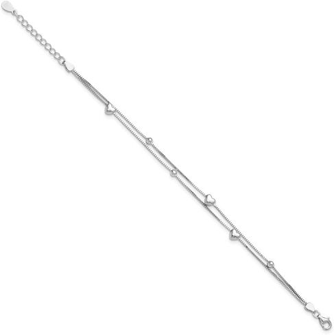 925 Sterling Silver Rhodium-Plated 1"" ext. Two Strand Heart Bead Box Chain Bracelet for Women 8"", White, AFJ-QG-QG6352-6.75-MP in Saudi Arabia