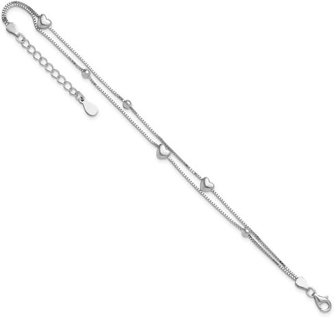 925 Sterling Silver Rhodium-Plated 1"" ext. Two Strand Heart Bead Box Chain Bracelet for Women 8"", White, AFJ-QG-QG6352-6.75-MP in Saudi Arabia