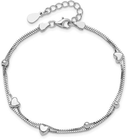 925 Sterling Silver Rhodium-Plated 1"" ext. Two Strand Heart Bead Box Chain Bracelet for Women 8"", White, AFJ-QG-QG6352-6.75-MP in Saudi Arabia