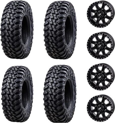 Four 28x10-14 TERRABITE Heavy Duty 8-Ply Radial UTV Tires mounted on CASCADE Wheels-For TERYX 800 750 TERYX4-Includes Lug Nuts (4+3 Wheel Offset,Machined/Black) in Saudi Arabia