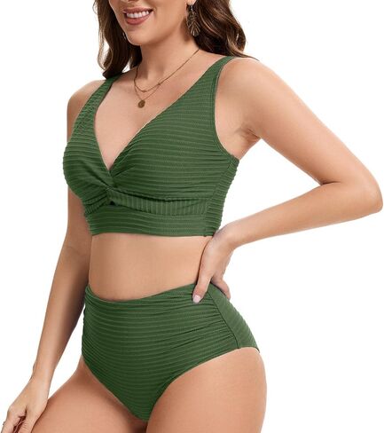 Women's High Waist Bikini Set Twist Front Textured Swimsuits Two Piece Bathing Suit Summer Beach Resort Swimwear in Kuwait