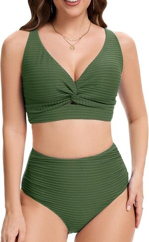 Women's High Waist Bikini Set Twist Front Textured Swimsuits Two Piece Bathing Suit Summer Beach Resort Swimwear in Kuwait