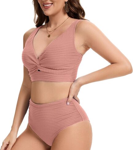 Women's High Waist Bikini Set Twist Front Textured Swimsuits Two Piece Bathing Suit Summer Beach Resort Swimwear in Kuwait