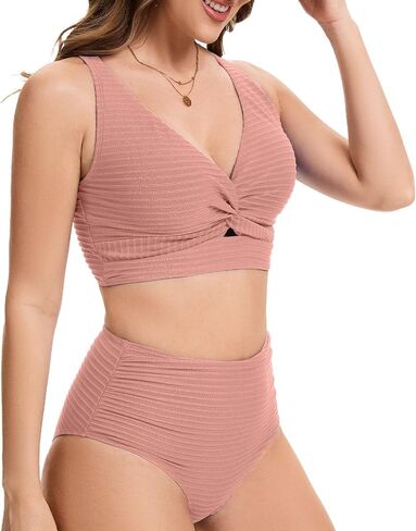 Women's High Waist Bikini Set Twist Front Textured Swimsuits Two Piece Bathing Suit Summer Beach Resort Swimwear in Kuwait