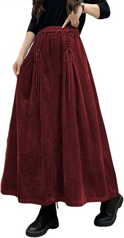 Ebossy Women's Corduroy Maxi Maxi Skirt مرنة عالية الخصر الرباط التعادل الأمامية A-Line Lined تنورة طويلة مع جيوب in Saudi Arabia