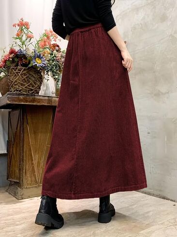 Ebossy Women's Corduroy Maxi Maxi Skirt مرنة عالية الخصر الرباط التعادل الأمامية A-Line Lined تنورة طويلة مع جيوب in Saudi Arabia
