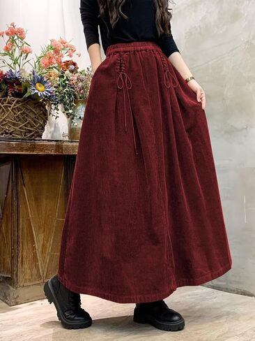 Ebossy Women's Corduroy Maxi Maxi Skirt مرنة عالية الخصر الرباط التعادل الأمامية A-Line Lined تنورة طويلة مع جيوب in Saudi Arabia