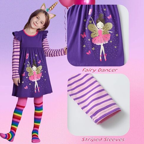 DXTON Toddler Girls Long Sleeve Dress Stripe Rainbow Ruffle Cotton Casual Tunic Shirt Fall Winter School Dress in Kuwait