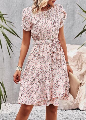 IFFEI Mommy and Me Matching Dresses Womens Summer Boho Floral Dress Ruffle Beach Mini Dress with Belt in Saudi Arabia