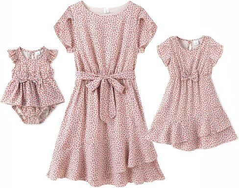 IFFEI Mommy and Me Matching Dresses Womens Summer Boho Floral Dress Ruffle Beach Mini Dress with Belt in Saudi Arabia