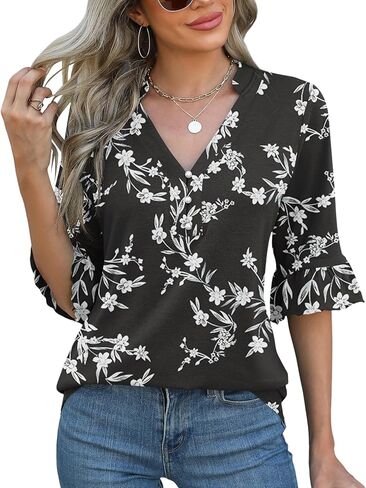 Rapbin Womens 3/4 Length Sleeve Blouses Ruffle Cuffs V Neck Button Down Shirts Dressy Flowy Tunic Tops in Kuwait