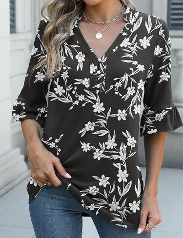 Rapbin Womens 3/4 Length Sleeve Blouses Ruffle Cuffs V Neck Button Down Shirts Dressy Flowy Tunic Tops in Kuwait