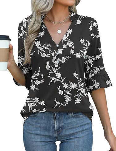 Rapbin Womens 3/4 Length Sleeve Blouses Ruffle Cuffs V Neck Button Down Shirts Dressy Flowy Tunic Tops in Kuwait