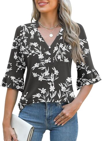 Rapbin Womens 3/4 Length Sleeve Blouses Ruffle Cuffs V Neck Button Down Shirts Dressy Flowy Tunic Tops in Kuwait