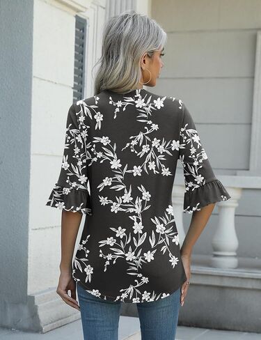 Rapbin Womens 3/4 Length Sleeve Blouses Ruffle Cuffs V Neck Button Down Shirts Dressy Flowy Tunic Tops in Kuwait