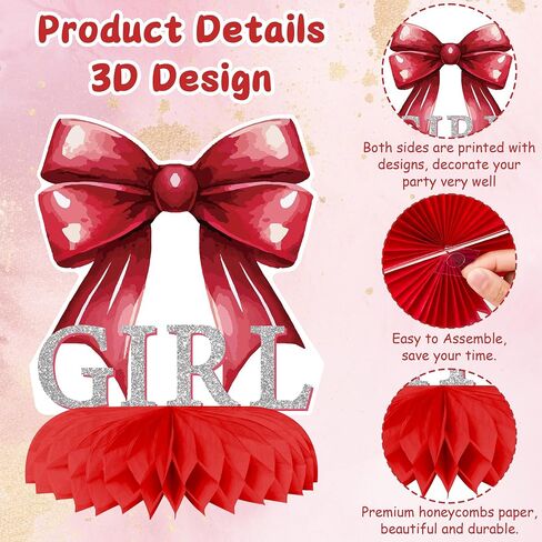 Pink Bow Baby Baby Party قرص قرص العسل المركزي ، إنها فتاة زخرفة طاولة Boy Coquette Coquette in Kuwait